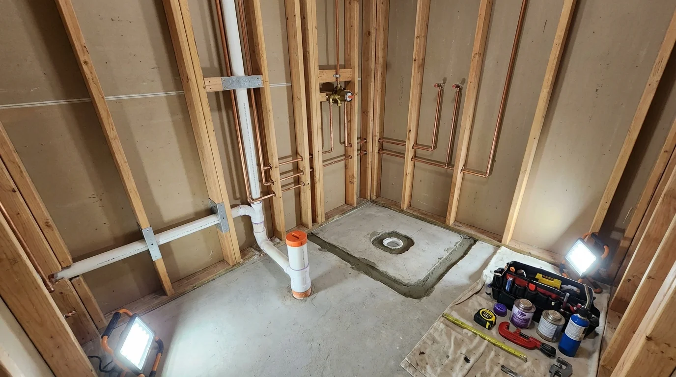 Bathroom rough-in plumbing during remodel by Johns Plumbing LLC in Bellmore