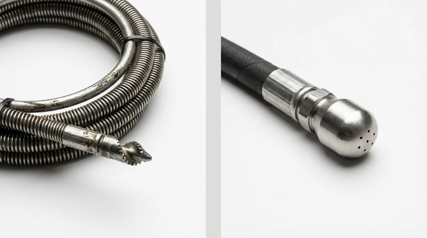 Drain snake cable and hydro jetting nozzle used for drain cleaning in Bellmore, NY