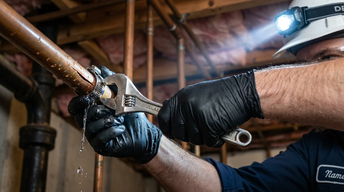 Emergency pipe clamp repair being performed by a Johns Plumbing LLC plumber in Bellmore