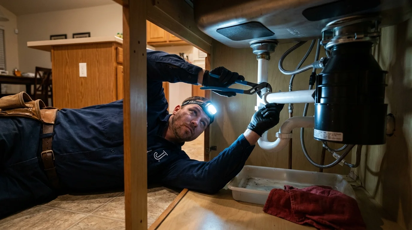 P-trap and supply line connections under a kitchen sink showing a common leak point in Bellmore, NY